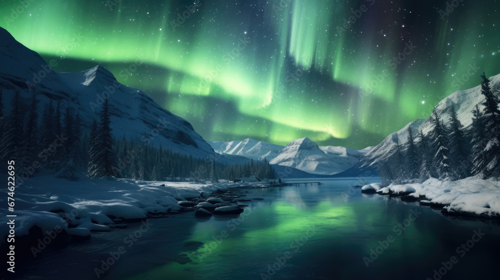 A scenic northern landscape overseeing a lake with northern lights, aurora borealis, generative ai.