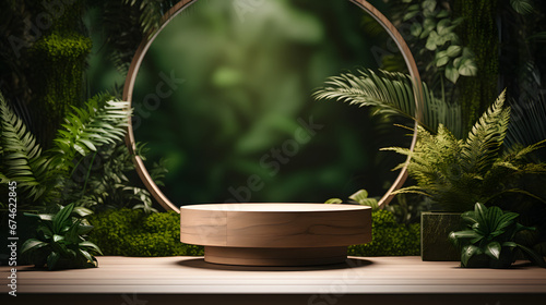 Wooden pedestal mockup with green leafy background for product display