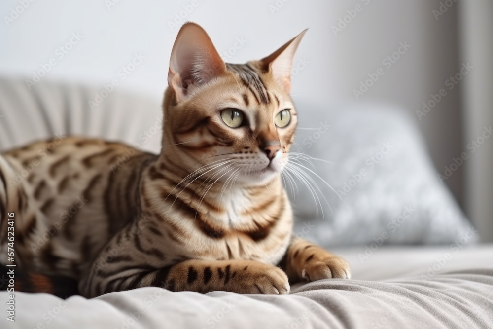 Bengal cat cat lying relaxed and sleepy on couch at home in modern interior of living room.
