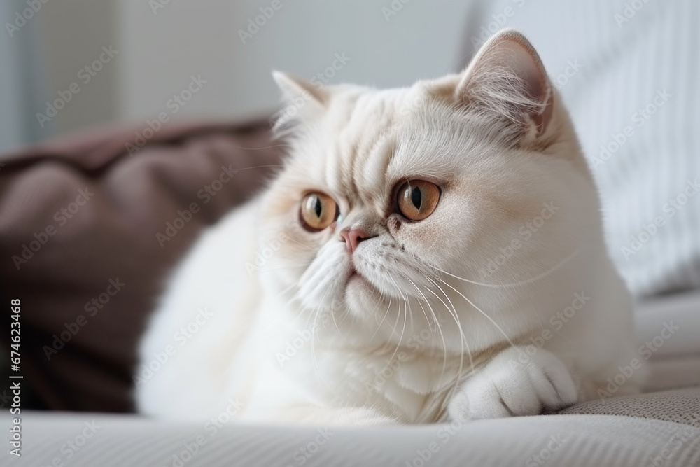 Obraz premium Exotic Shorthair cat cat lying relaxed and sleepy on couch at home in modern interior of living room.
