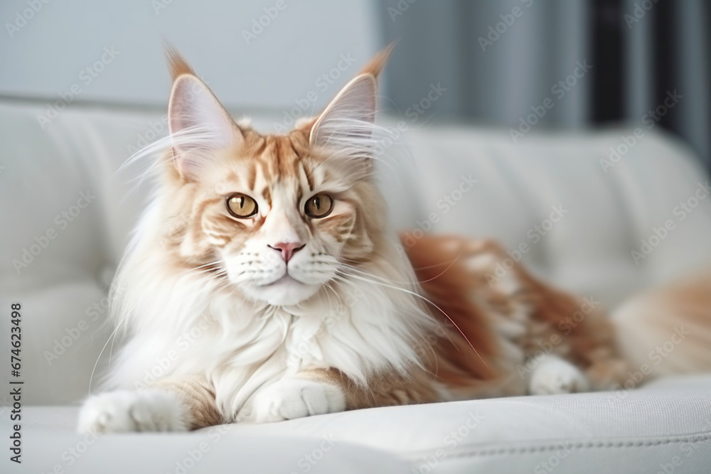 Red Maine Coon cat cat lying relaxed and sleepy on couch at home in modern interior of living room.