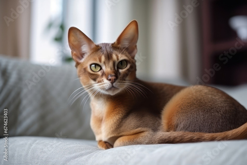 Red Abyssinian cat cat lying relaxed and sleepy on couch at home in modern interior of living room.