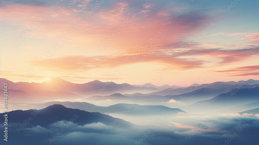 Autumn sunrise cloudy sky over mountains; Abstract colorful peaceful sky background