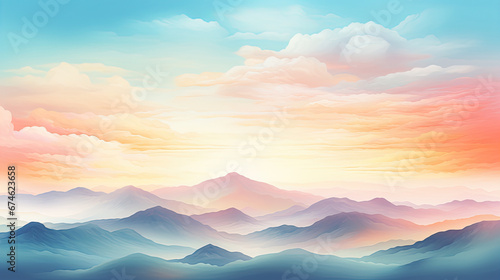 Autumn sunrise cloudy sky over mountains; Abstract colorful peaceful sky background