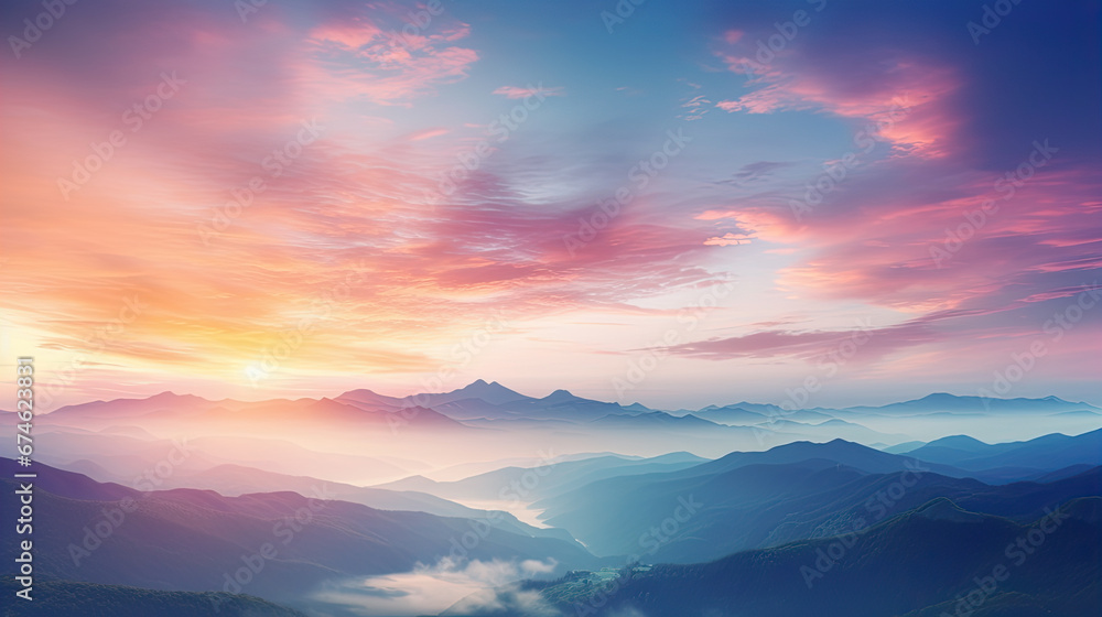 Autumn sunrise cloudy sky over mountains; Abstract colorful peaceful sky background