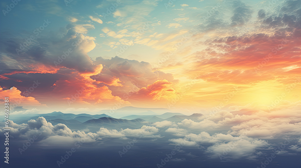 Autumn sunrise cloudy sky over mountains; Abstract colorful peaceful sky background