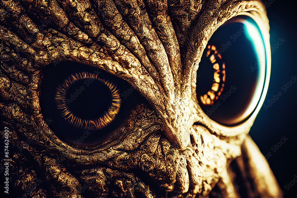 Mystical extraterrestrial. The enigmatic eyes of an owl-like alien visitor Mystical extraterrestrial. The enigmatic eyes of an owl-like alien visitor