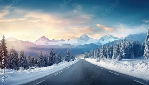 Beautiful winter road at sunset