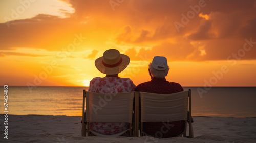 A senior couple enjoying a sundown on their beach chairs in the Bahamas, generative ai.
