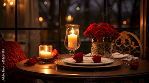 Romantic candlelit dinner for two with red rose centerpiece #674624878