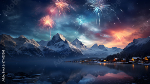 Silvester fireworks display over snowy mountains for winter celebration