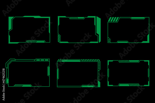 Set of green cyberpunk frames isolated on black background. Vector illustration