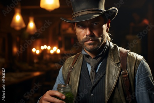Portrait of mature man in cowboy clothes and hat in a wild west tavern. An experienced man with a weathered face looking confidently and gives a thumbs up. Real courageous cowboy.