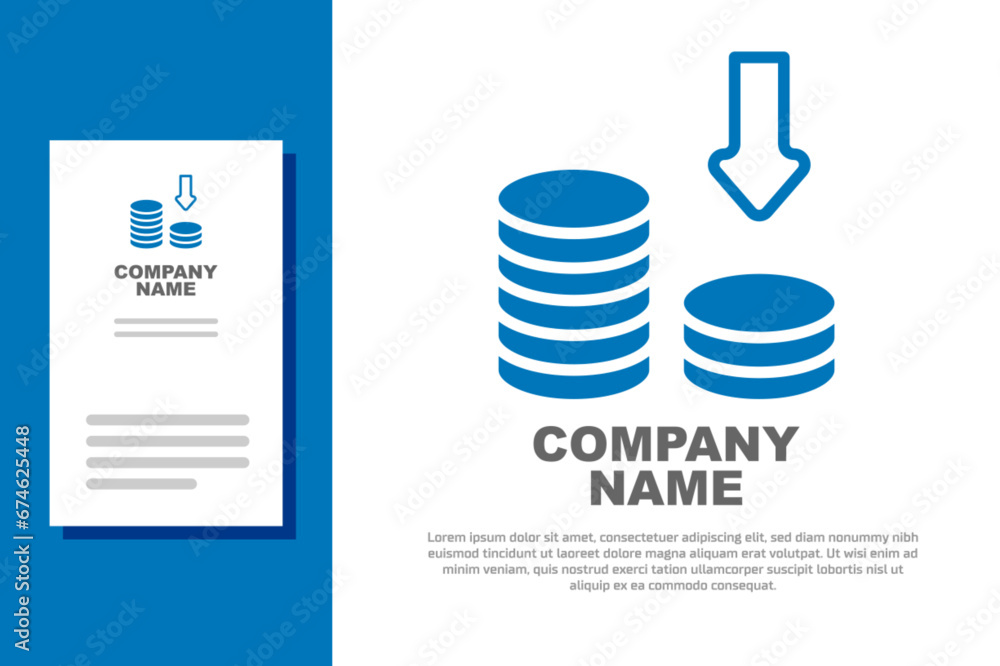 Blue Dollar rate decrease icon isolated on white background. Cost reduction. Money symbol with down arrow. Business lost crisis decrease. Logo design template element. Vector Blue Dollar rate decrease icon isolated on white background. Cost reduction. Money symbol with down arrow. Business lost crisis decrease. Logo design template element. Vector