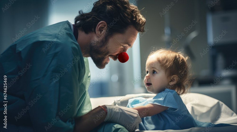 A doctor in a hospital seeing a toddler patient, wearing a red nose to bring happiness to the kid, generative ai. A doctor in a hospital seeing a toddler patient, wearing a red nose to bring happiness to the kid, generative ai.