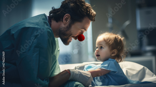 A doctor in a hospital seeing a toddler patient, wearing a red nose to bring happiness to the kid, generative ai. photo