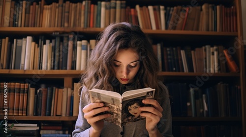 Youg woman reading book at library, bookstore while buying some good literature, read books to broaden your knowledge photo