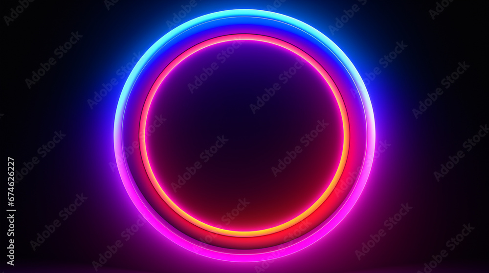 3d render, blue pink yellow neon glow round frame, circle, ring shape, empty space, ultraviolet light, 80's retro style, fashion show stage, glowing abstract background. Generative AI. 3d render, blue pink yellow neon glow round frame, circle, ring shape, empty space, ultraviolet light, 80's retro style, fashion show stage, glowing abstract background. Generative AI.