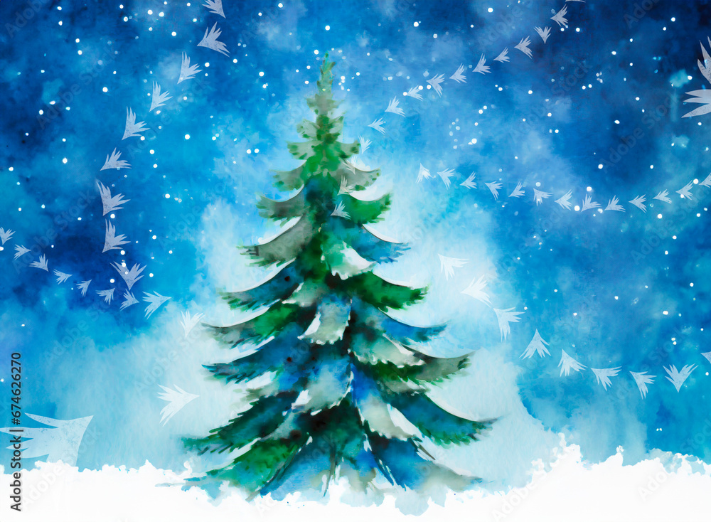 Christmas tree with snow watercolor style