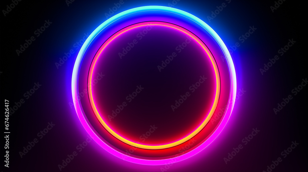 3d render, blue pink yellow neon glow round frame, circle, ring shape, empty space, ultraviolet light, 80's retro style, fashion show stage, glowing abstract background. Generative AI. 3d render, blue pink yellow neon glow round frame, circle, ring shape, empty space, ultraviolet light, 80's retro style, fashion show stage, glowing abstract background. Generative AI.