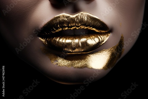 Trendy make-up golden lips model close-up. Generative AI photo