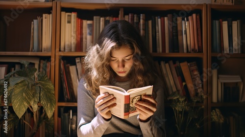 Youg woman reading book at library, bookstore while buying some good literature, read books to broaden your knowledge