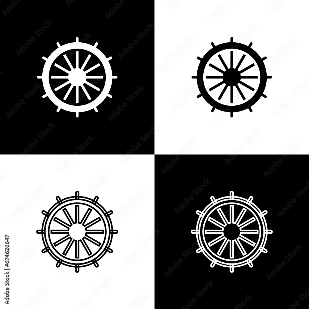 Set Ship steering wheel icon isolated on black and white background. Vector