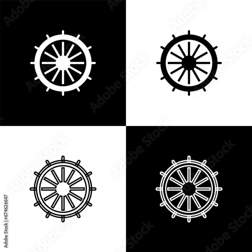 Set Ship steering wheel icon isolated on black and white background. Vector