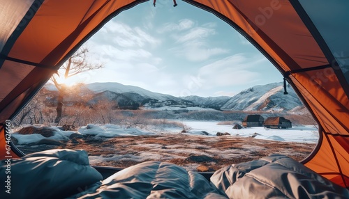  camping tent: scenic view of the mountains in the winter