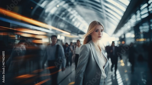 Beautiful business woman at the airport waiting for her flight. Blur the movement of people passing by and the background