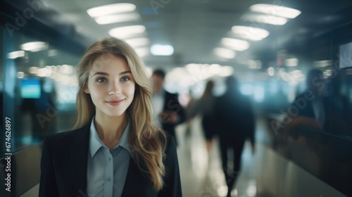 Beautiful business woman at the airport waiting for her flight. Blur the movement of people passing by and the background © koplesya