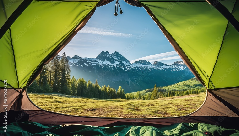  camping tent, scenic view of the mountains in the spring 
