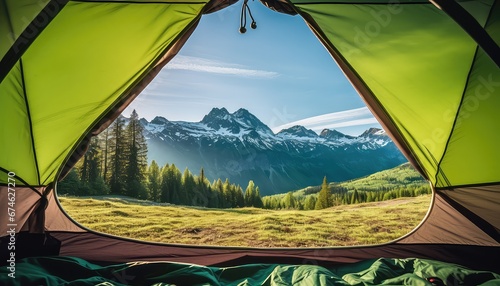  camping tent, scenic view of the mountains in the spring  © Klay