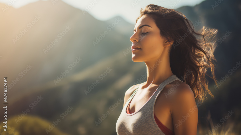 A European Woman meditates with mountains view. Girl with closed eyes try to relax. Wears sport suit. Yoga and fitness concept. Sunset or sunrise time. Ai generative. A European Woman meditates with mountains view. Girl with closed eyes try to relax. Wears sport suit. Yoga and fitness concept. Sunset or sunrise time. Ai generative.