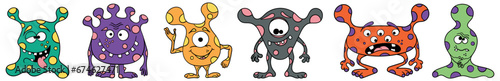 Six colorful monsters. A set of funny aliens. Cartoon microbes with different emotions. Fairy-tale creatures.