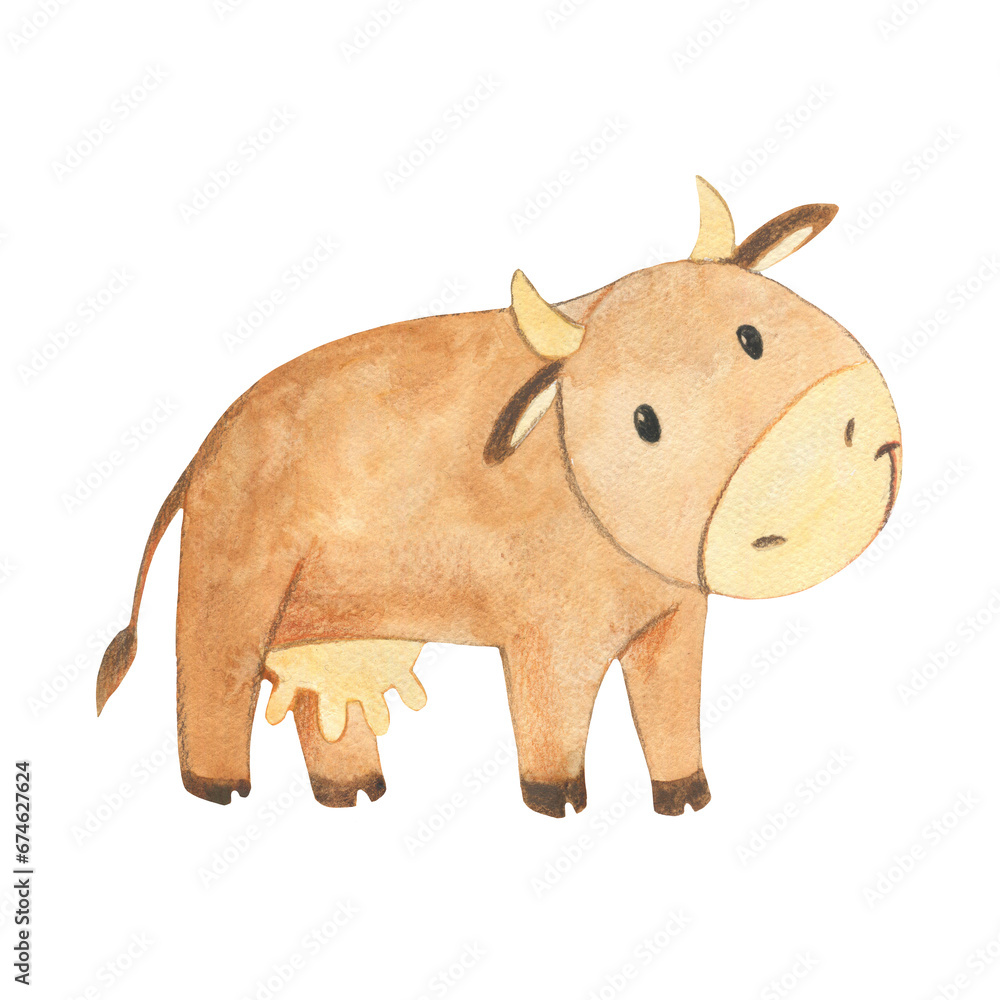 Fototapeta premium Watercolor illustration of farm animals. Cartoon drawing of a cow
