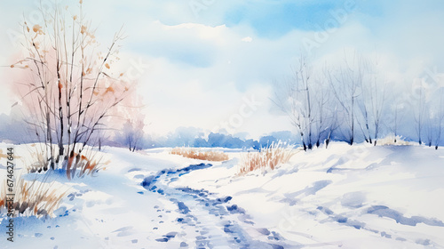 Watercolor landscape, snowy landscape on a sunny day. © Ziyan