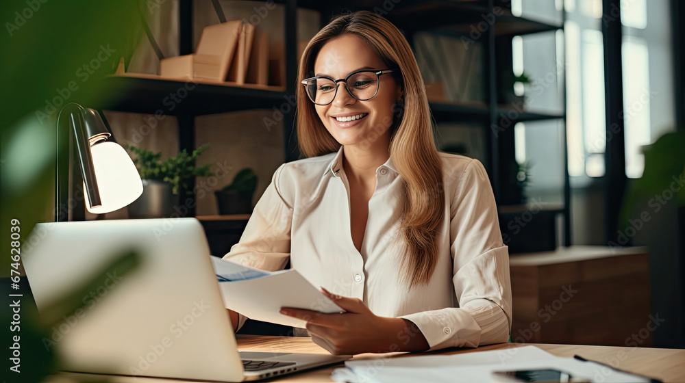 Cheerful pretty lady realtor wear shirt smiling writing emails modern device indoors workplace workstation Cheerful pretty lady realtor wear shirt smiling writing emails modern device indoors workplace workstation