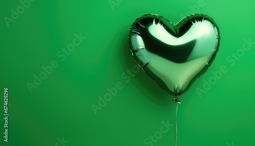  green heart foil balloon on a green background for St. Patrick day, with copy space 