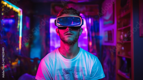 Portrait of Man wears a VR headset stands in a room, illuminated by neon light. Concept of a metaverse virtual world. Augmented reality technology idea. Ai generative