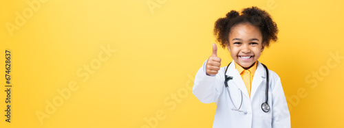 Cute Black kid girl playing doctor in doctors scrub suit. Dream of future profession. Thumb up. Yellow back. Copy space. Ai generative.