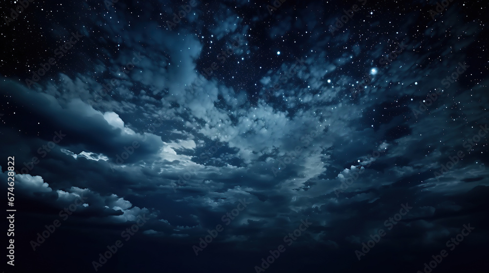 Black dark blue night sky with stars. White cumulus clouds. Moonlight, starlight. Background for design. Astrology, astronomy, science fiction, fantasy, dream. Storm front. Dramatic.