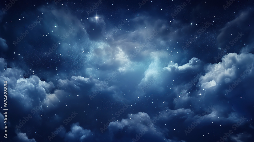 Black dark blue night sky with stars. White cumulus clouds. Moonlight, starlight. Background for design. Astrology, astronomy, science fiction, fantasy, dream. Storm front. Dramatic. Black dark blue night sky with stars. White cumulus clouds. Moonlight, starlight. Background for design. Astrology, astronomy, science fiction, fantasy, dream. Storm front. Dramatic.