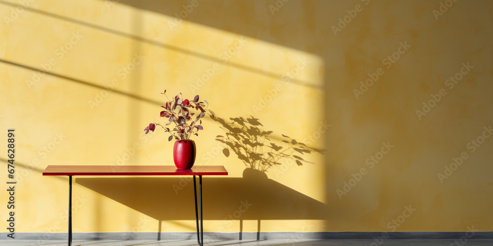 Yellow background image, red tones with a play of light and shadow on the wall and floor Yellow background image, red tones with a play of light and shadow on the wall and floor