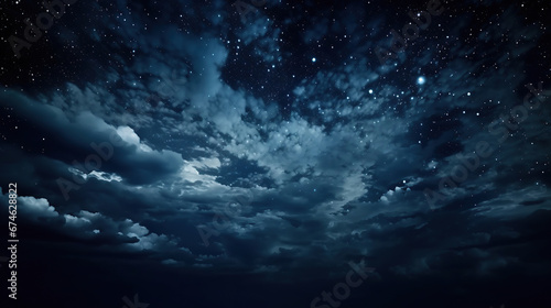 Black dark blue night sky with stars. White cumulus clouds. Moonlight, starlight. Background for design. Astrology, astronomy, science fiction, fantasy, dream. Storm front. Dramatic. © Santy Hong