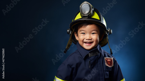 A handsome boy imagines to be a firefighter wears an firefighter suit. Ai generative