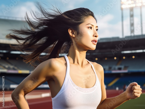 A beautiful Asian woman running at the stadium. Concept of healthcare, fitness and sport. Body training. Ai generative