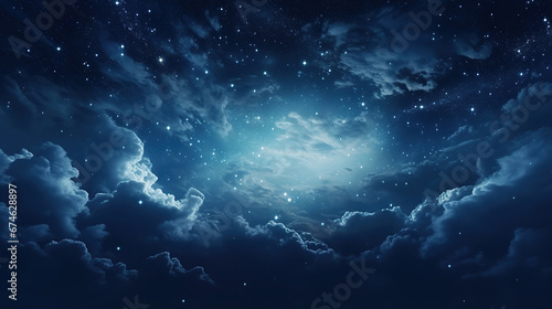 Black dark blue night sky with stars. White cumulus clouds. Moonlight, starlight. Background for design. Astrology, astronomy, science fiction, fantasy, dream. Storm front. Dramatic.