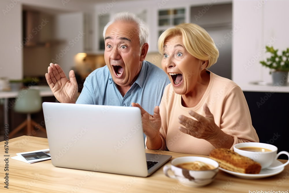 Excited senior mature couple surprised by good unbelievable news, unexpected win, huge shopping sale offer on website. Astonished older middle aged family looking at computer screen feeling amazed Excited senior mature couple surprised by good unbelievable news, unexpected win, huge shopping sale offer on website. Astonished older middle aged family looking at computer screen feeling amazed