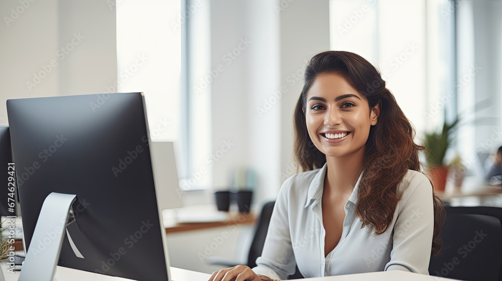 Portrait of Enthusiastic Hispanic Young Woman Working on Computer in a Modern Bright Office. Confident Human Resources Agent Smiling Happily While Collaborating Online with Colleagues. Portrait of Enthusiastic Hispanic Young Woman Working on Computer in a Modern Bright Office. Confident Human Resources Agent Smiling Happily While Collaborating Online with Colleagues.